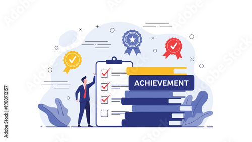 Proud businessman standing next to a checklist of achievements and tall stacks of books representing education and success.