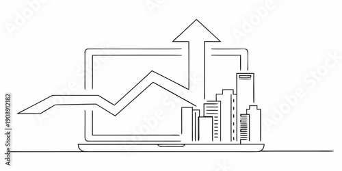 Line graph rising from a laptop depicting growth over a cityscape