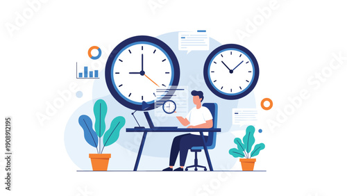 Focused man working at his desk with large clocks symbolizing time pressure, deadlines, and time management in business.