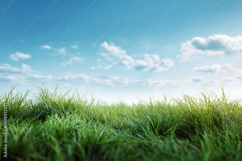 Fototapeta premium Fresh green grass field under bright blue sky with soft clouds, symbolizing natural freshness, open space, growth and peaceful outdoor environment 