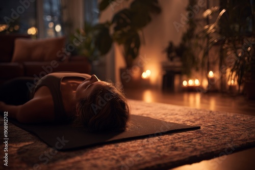 Woman resting on yoga mat in candlelit room, creating a calm evening wellness atmosphere that represents relaxation, mindfulness, recovery and balanced self care lifestyle

