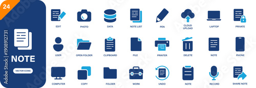 Fotografía Note and documentation icon collection featuring clipboard, pen, note list, record, and delete symbols