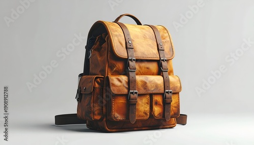 A rustic, brown leather backpack with multiple compartments and straps, against a plain background