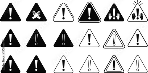 Set of triangle warning icons, exclamation mark alert symbols, hazard notification signs for industrial safety, caution UI elements and emergency signals,