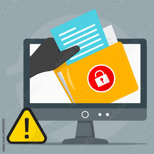 Data theft concept showing hand of hacker stealing confidential files from computer, highlighting cybersecurity risk and privacy breach.