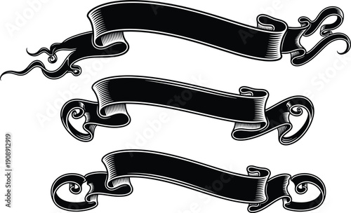 Set of vintage ribbon banner silhouettes with elegant scrolls for retro labels, heraldic frames, classic heraldry crests, antique parchment headers, and decorative typography,