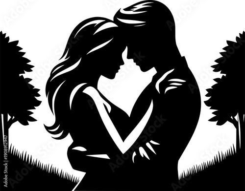 Romantic couple silhouette embracing in a park: Design for Valentine's Day cards, wedding invitations, or romantic social media posts. Transparent background EPS version.