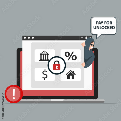Hacker demanding payment to unlock encrypted financial data on laptop. Concept cyber crime, financial fraud, and hacker attack.