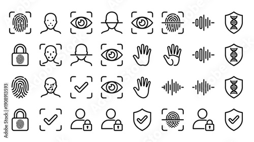 Biometric Identity Verification Icons - Secure Authentication Outline Vector Set