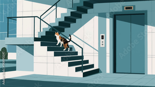 Illustration Of A Cat Choosing To Climb The Stairs Instead Of The Elevator In A Modern Building, A Healthy Habits Concept Vector Design Template