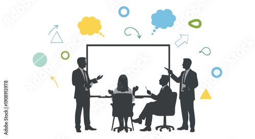 Business people in a meeting around a whiteboard with colorful thought bubbles, discussing ideas and strategy in a creative and collaborative environment.