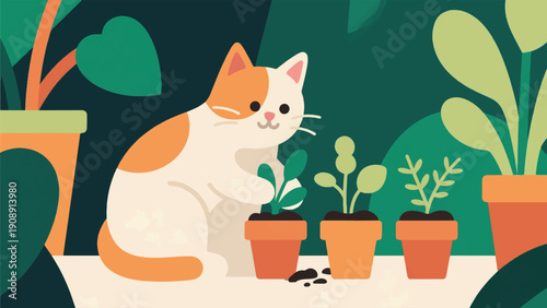 Illustration Of A Cat Planting Herbs In A Small Pot, Sustainable Lifestyle Vector Design Template