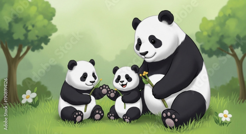 Mother Panda with Cubs in Green Forest Illustration