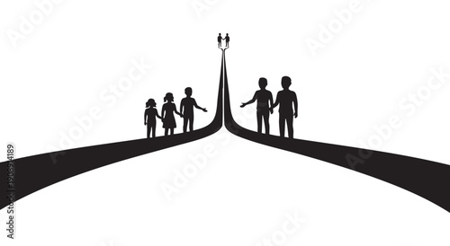 Silhouettes of people walking on converging paths leading to a united couple at the top, symbolizing journey, partnership, and shared future.