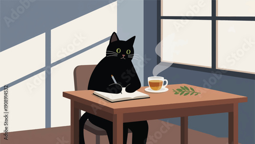 Illustration Of A Cat Writing A Journal On A Wooden Table While Drinking Herbal Tea, Minimalist Room, Large Window Vector Design Template