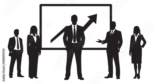 Silhouettes of business professionals standing around a screen showing a rising arrow graph, symbolizing company growth and success.