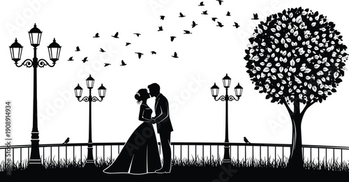 Silhouette of romantic couple kissing in park with street lamps, birds flying over heart tree, wedding anniversary love vector illustration,