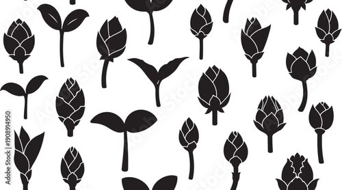 Black and white floral pattern with various leaf designs