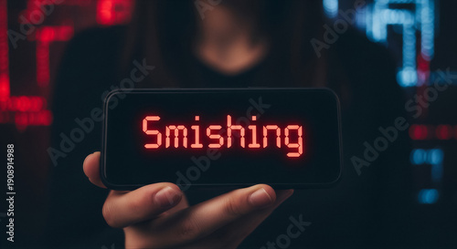 Hacker holding smartphone displaying smishing text message with glowing red letters against dark background