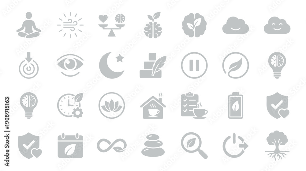 Fototapeta premium Calm Stress Management Icons - Relaxation & Emotional Balance Flat Vector Set
