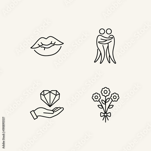Romantic Love and Relationship Icons Set with Lips, Hugging Couple, Diamond Gift, and Flower Bouquet - Simple Line Art Vector Elements