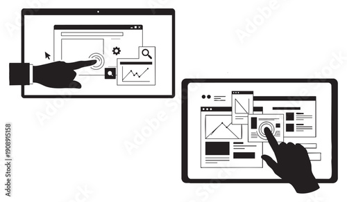 Digital interface vector illustration: hands interacting with screens showing data charts and graphs, black and white icons.
