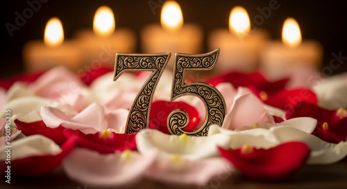 Ornate number 75 surrounded by red and white rose petals with candles in background