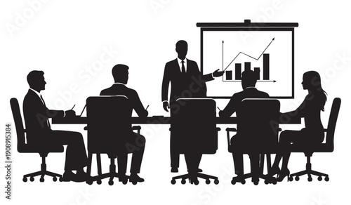 Business meeting silhouette: presenter at screen showing financial growth chart to attentive audience at table, black and white vector.