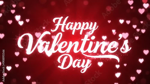 Happy Valentine's Day text on red background with bokeh hearts