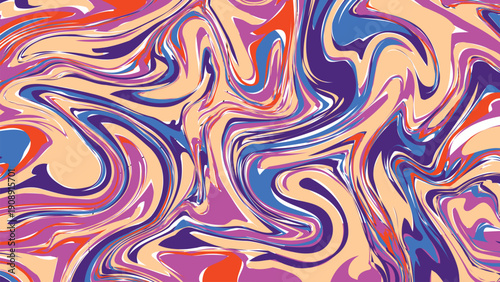 Abstract liquid marble background with vibrant psychedelic swirls, colorful fluid flow texture, and organic wavy shapes in purple, blue, and tan.