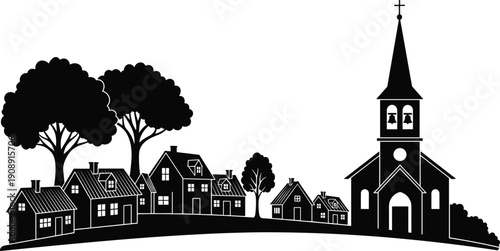 Small town village silhouette with houses, trees, and church, vector illustration for community, religion, and neighborhood concepts.