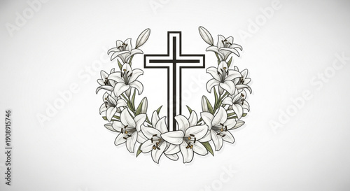 Cross with White Lilies on White Background, Religious Symbolism, Faith Representation