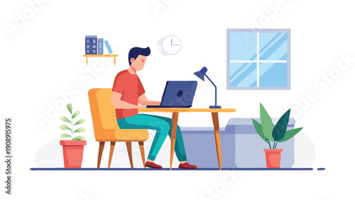 Young man focused intensely while working remotely on his laptop computer at a dedicated home office desk setup