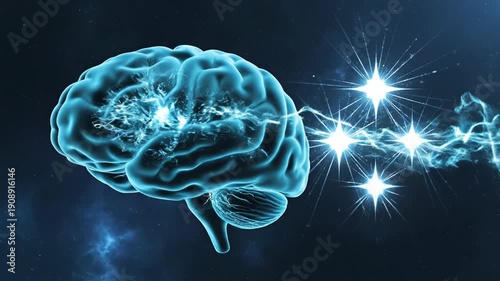 Glowing blue brain with sparkling neural connections in dark space background