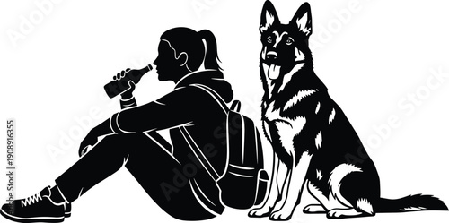 Silhouette traveler woman resting with backpack, drinking water, loyal dog companion, outdoor adventure, hiking lifestyle, friendship, travel, journey, minimal illustration