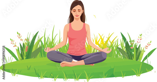 Peaceful young woman meditating calmly in a lotus position outdoors amidst lush green grass and soft sunlight for holistic wellness