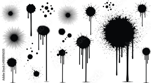 Ink splatter stains collection dripping paint blots spray grunge shapes black silhouettes isolated white background abstract splash design elements set