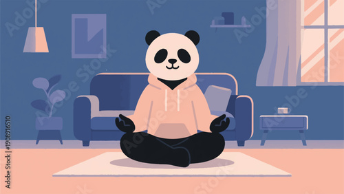Illustration Of A Panda Wearing A Simple Hoodie, Sitting In Meditation In A Minimalist Living Room, Soft Light, Mental Health Concept Vector Design Template