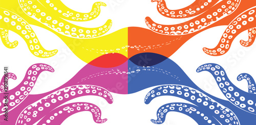 Vibrant tentacles of colorful octopuses swimming in a dynamic, white background illustration from a top-down viewpoint.