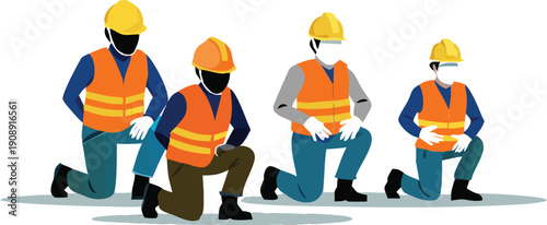 Construction workers wearing high visibility safety vests and hard hats showing solidarity by kneeling together on a job site