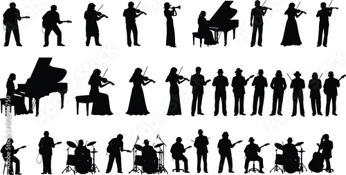 Musicians silhouettes collection orchestra band players instruments piano violin guitar drums black isolated illustration set performance