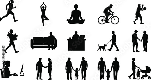 People lifestyle silhouettes set running yoga cycling working family walking dog office activities black isolated illustration collection