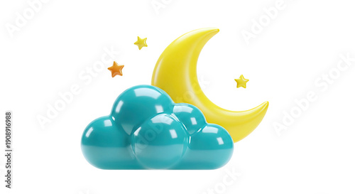 3D Moon, Clouds, and Stars on White Background