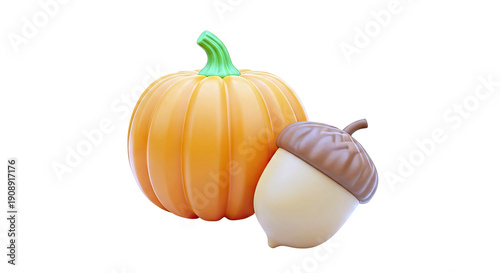 3D Render of a Pumpkin and Acorn on a White Background