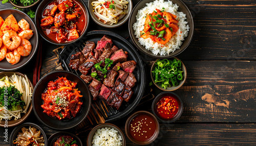 Delicious Korean BBQ Spread A Symmetrical Arrangement of Grilled Meats, Seafood, and Side Dishes
