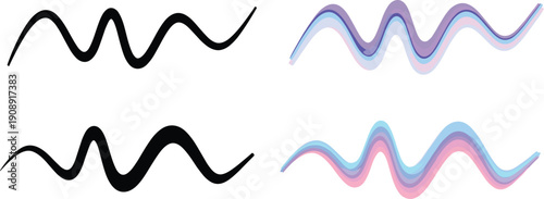 A set of wavy black lines and colorful wavy lines on a plain background from a straightforward viewpoint.