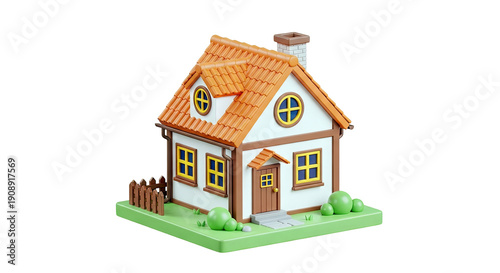 3D Cartoon House with Orange Roof and Green Grass