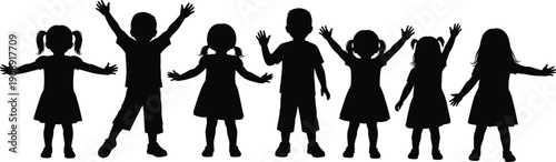 Kids silhouettes waving hands, playful children poses, joyful gestures, childhood activity, happy figures, isolated, white background, funKids silhouettes 