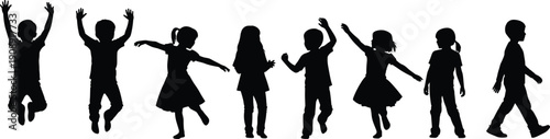 Kids silhouettes jumping dancing, playful children poses, joyful movement, childhood fun activity, happy figures, isolated, white background, energy