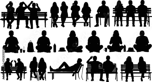 People sitting silhouettes, park bench activities, relaxing characters, public seating poses, social interaction scenes, isolated black vector illustration